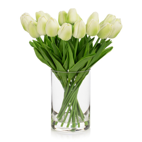 20 Pieces Artificial Real Touch Tulips Flower Arrangement in Glass Vase With Faux Water (New) — Available in 9 Colors