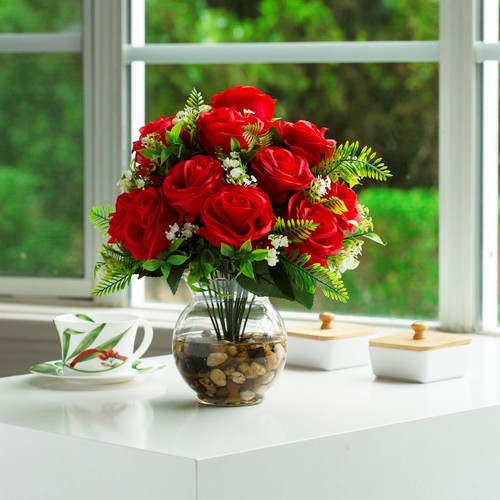 18 Heads Pink Silk Rose Flower in Clear Glass Vase With Faux Water and River Stone (New) — Available in 9 Colors