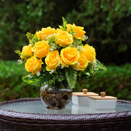 18 Heads Pink Silk Rose Flower in Clear Glass Vase With Faux Water and River Stone (New) — Available in 9 Colors