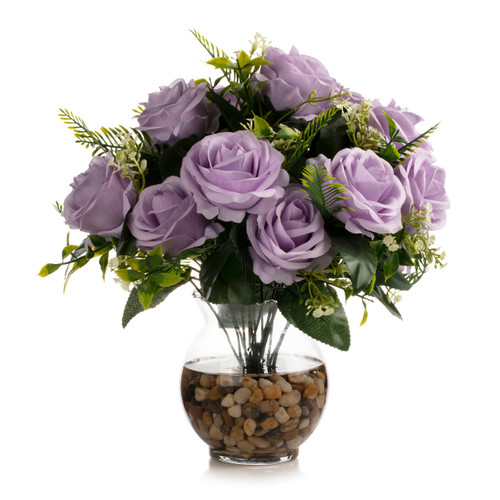 18 Heads Pink Silk Rose Flower in Clear Glass Vase With Faux Water and River Stone (New) — Available in 9 Colors