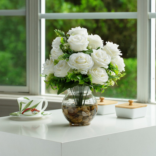 18 Heads Pink Silk Rose Flower in Clear Glass Vase With Faux Water and River Stone (New) — Available in 9 Colors