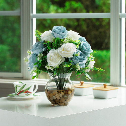18 Heads Pink Silk Rose Flower in Clear Glass Vase With Faux Water and River Stone (New) — Available in 9 Colors
