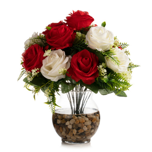 18 Heads Pink Silk Rose Flower in Clear Glass Vase With Faux Water and River Stone (New) — Available in 9 Colors