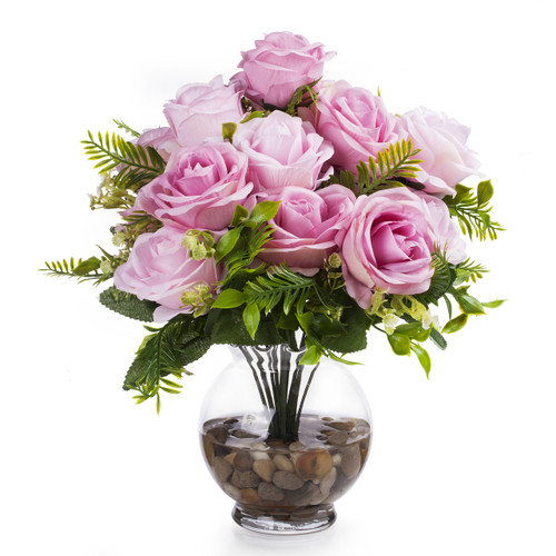 18 Heads Pink Silk Rose Flower in Clear Glass Vase With Faux Water and River Stone (New) — Available in 9 Colors
