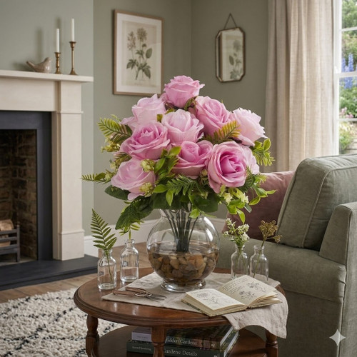 18 Heads Pink Silk Rose Flower in Clear Glass Vase With Faux Water and River Stone (New) — Available in 9 Colors