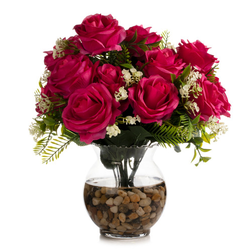 18 Heads Pink Silk Rose Flower in Clear Glass Vase With Faux Water and River Stone (New) — Available in 9 Colors