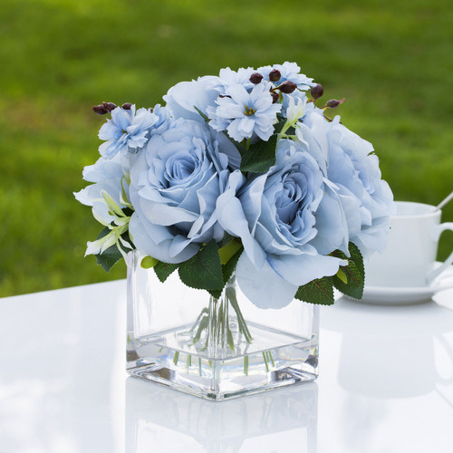Mixed Artificial Silk  Rose Flower Arrangement in Cube Glass Vase With Faux Water (New) — Available in 4 Colors