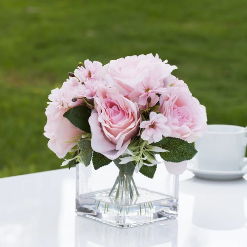 Mixed Artificial Silk  Rose Flower Arrangement in Cube Glass Vase With Faux Water (New) — Available in 4 Colors