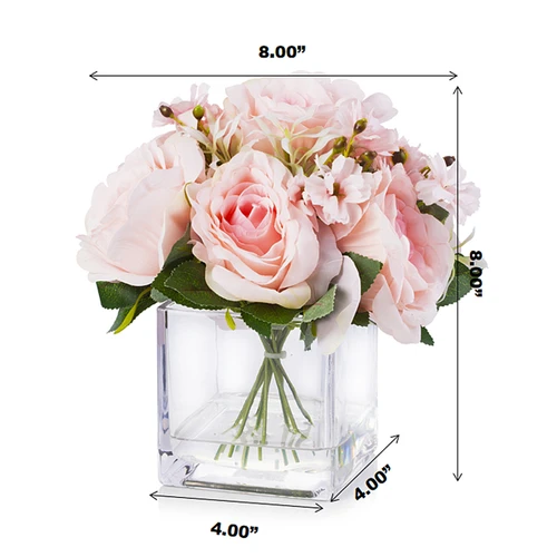 Mixed Artificial Silk  Rose Flower Arrangement in Cube Glass Vase With Faux Water (New) — Available in 4 Colors