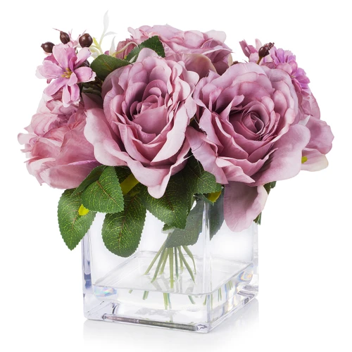 Mixed Artificial Silk  Rose Flower Arrangement in Cube Glass Vase With Faux Water (New) — Available in 4 Colors