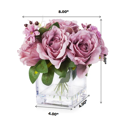 Mixed Artificial Silk  Rose Flower Arrangement in Cube Glass Vase With Faux Water (New) — Available in 4 Colors