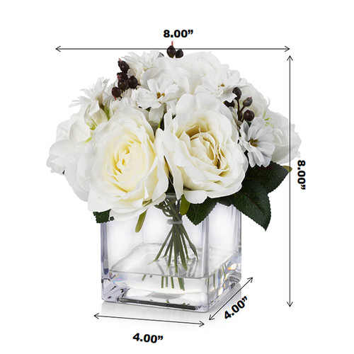 Mixed Artificial Silk  Rose Flower Arrangement in Cube Glass Vase With Faux Water (New) — Available in 4 Colors