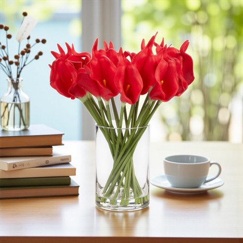 20 Pieces Artificial Real Touch Lilies Flower Arrangement in Glass Vase With Faux Water (New) — Available in 5 Colors