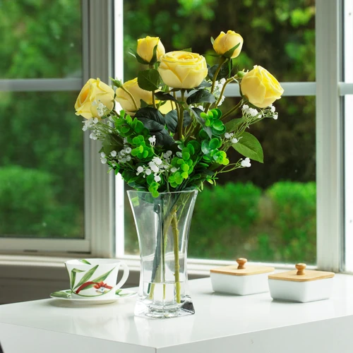 Mixed Rose Flower Arrangement in Clear Glass Vase with Acrylic Water (New) — Available in 3 Colors