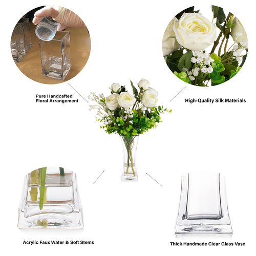 Mixed Rose Flower Arrangement in Clear Glass Vase with Acrylic Water (New) — Available in 3 Colors