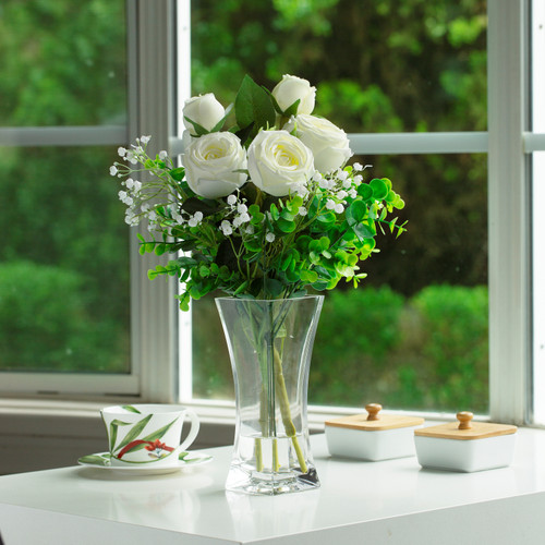 Mixed Rose Flower Arrangement in Clear Glass Vase with Acrylic Water (New) — Available in 3 Colors