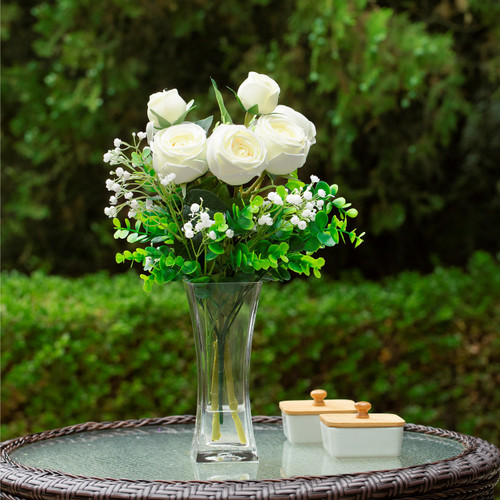 Mixed Rose Flower Arrangement in Clear Glass Vase with Acrylic Water (New) — Available in 3 Colors