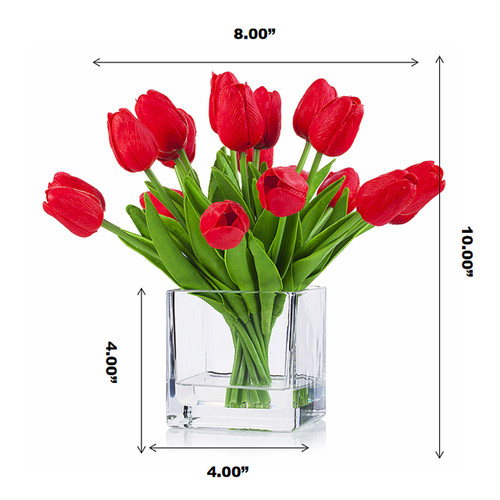 20 Pieces Artificial Real Touch Tulips Flower Arrangement in Cube Glass Vase With Faux Water (New) — Available in 4 Colors