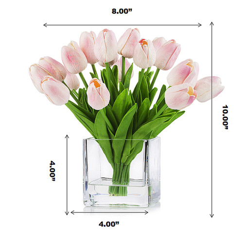 20 Pieces Artificial Real Touch Tulips Flower Arrangement in Cube Glass Vase With Faux Water (New) — Available in 4 Colors