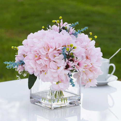 Mixed Artificial Silk Hydrangea Flower Arrangement in Cube Glass Vase With Faux Water (New) — Available in 2 Colors