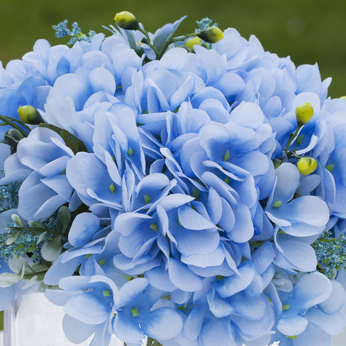 Mixed Artificial Silk Hydrangea Flower Arrangement in Cube Glass Vase With Faux Water (New) — Available in 2 Colors