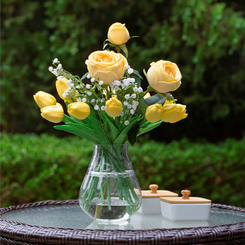 Mixed Rose and Tulip Flower Arrangement in Clear Glass Vase with Acrylic Water (New) — Available in 2 Colors