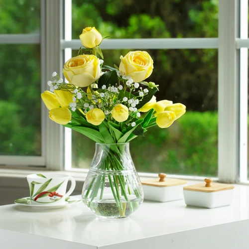 Mixed Rose and Tulip Flower Arrangement in Clear Glass Vase with Acrylic Water (New) — Available in 3 Colors