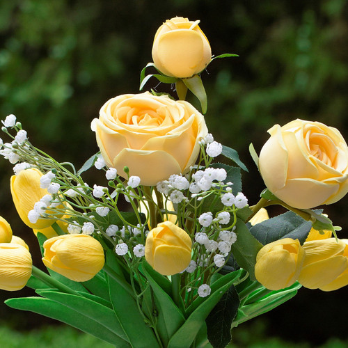 Mixed Rose and Tulip Flower Arrangement in Clear Glass Vase with Acrylic Water (New) — Available in 3 Colors