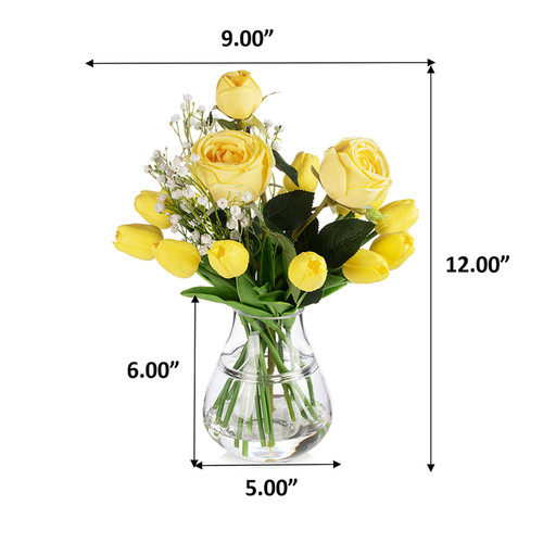 Mixed Rose and Tulip Flower Arrangement in Clear Glass Vase with Acrylic Water (New) — Available in 3 Colors