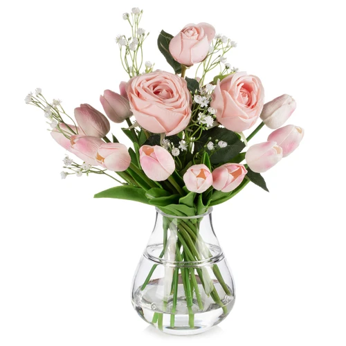 Mixed Rose and Tulip Flower Arrangement in Clear Glass Vase with Acrylic Water (New) — Available in 3 Colors