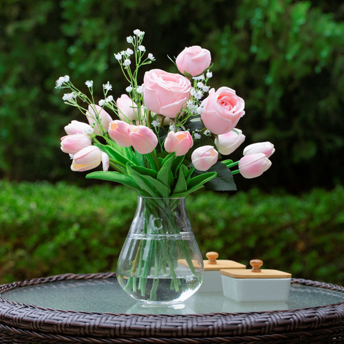 Mixed Rose and Tulip Flower Arrangement in Clear Glass Vase with Acrylic Water (New) — Available in 3 Colors