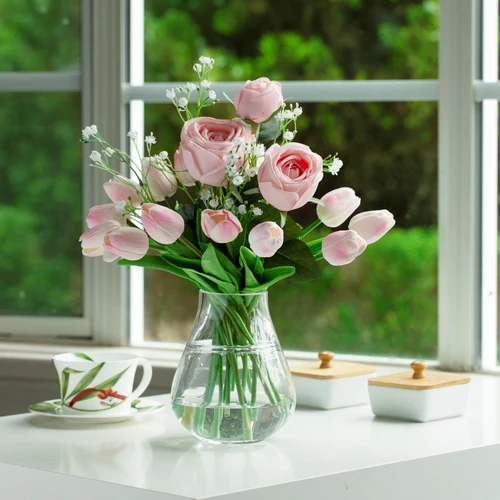 Mixed Rose and Tulip Flower Arrangement in Clear Glass Vase with Acrylic Water (New) — Available in 3 Colors