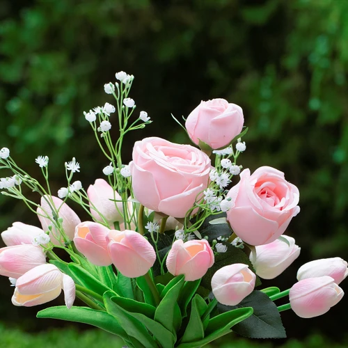 Mixed Rose and Tulip Flower Arrangement in Clear Glass Vase with Acrylic Water (New) — Available in 2 Colors
