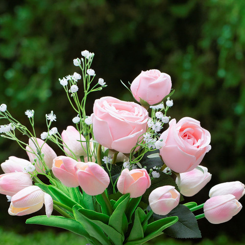 Mixed Rose and Tulip Flower Arrangement in Clear Glass Vase with Acrylic Water (New) — Available in 3 Colors