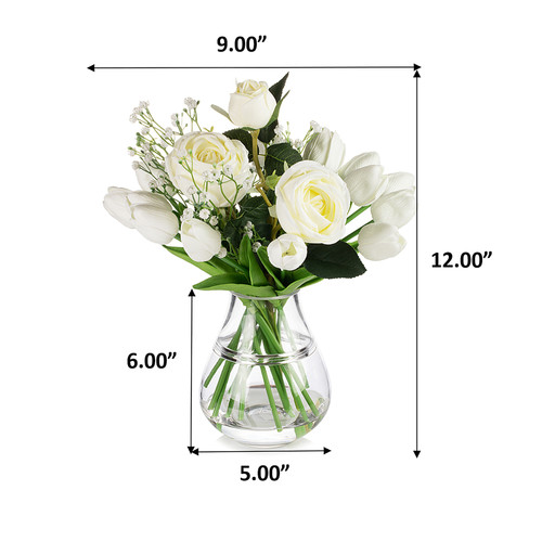 Mixed Rose and Tulip Flower Arrangement in Clear Glass Vase with Acrylic Water (New) — Available in 3 Colors