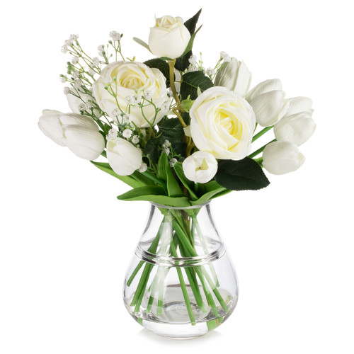 Mixed Rose and Tulip Flower Arrangement in Clear Glass Vase with Acrylic Water (New) — Available in 3 Colors