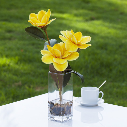 Artificial Real Touch Magnolia Flower Arrangement in Glass Vase With Faux Water and River Rock (New) — Available in 3 Colors