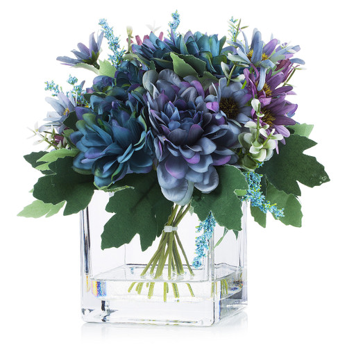 Mixed Daisy Flower Arrangements in Clear Glass Vase with Acrylic Water (New) — Available in 3 Colors
