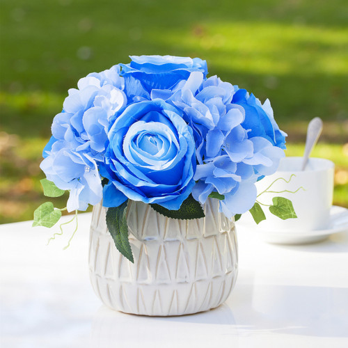 Mixed Artificial Silk Hydrangea and Rose Flower Arrangement in Ceramic Pot (New) — Available in 4 Colors