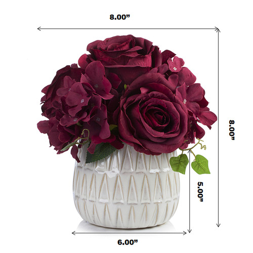 Mixed Artificial Silk Hydrangea and Rose Flower Arrangement in Ceramic Pot (New) — Available in 4 Colors