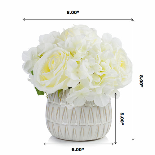 Mixed Artificial Silk Hydrangea and Rose Flower Arrangement in Ceramic Pot (New) — Available in 4 Colors