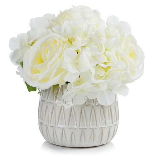 Mixed Artificial Silk Hydrangea and Rose Flower Arrangement in Ceramic Pot (New) — Available in 4 Colors