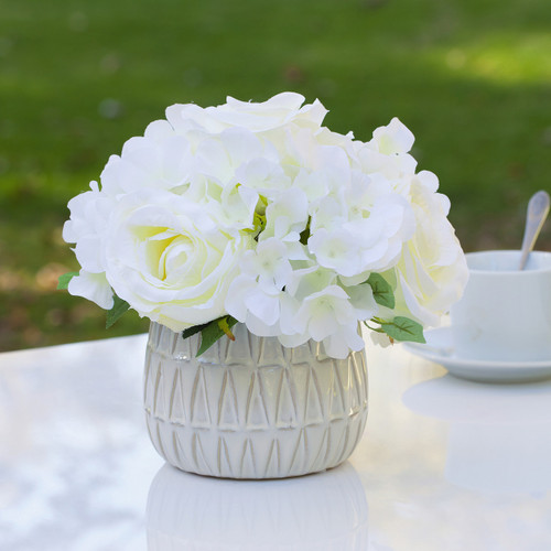 Mixed Artificial Silk Hydrangea and Rose Flower Arrangement in Ceramic Pot (New) — Available in 4 Colors