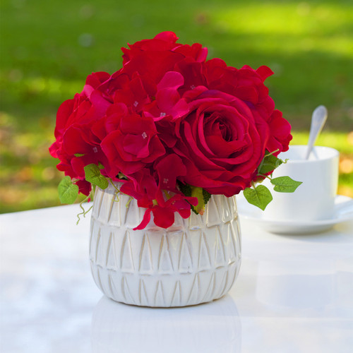 Mixed Artificial Silk Hydrangea and Rose Flower Arrangement in Ceramic Pot (New) — Available in 4 Colors