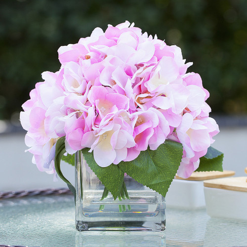 Artificial Silk Hydrangea Flower Arrangement in Cube Glass Vase With Faux Water (New) — Available in 2 Colors