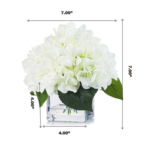 Artificial Silk Hydrangea Flower Arrangement in Cube Glass Vase With Faux Water (New) — Available in 5 Colors