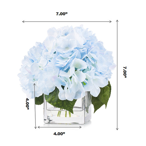 Artificial Silk Hydrangea Flower Arrangement in Cube Glass Vase With Faux Water (New) — Available in 5 Colors