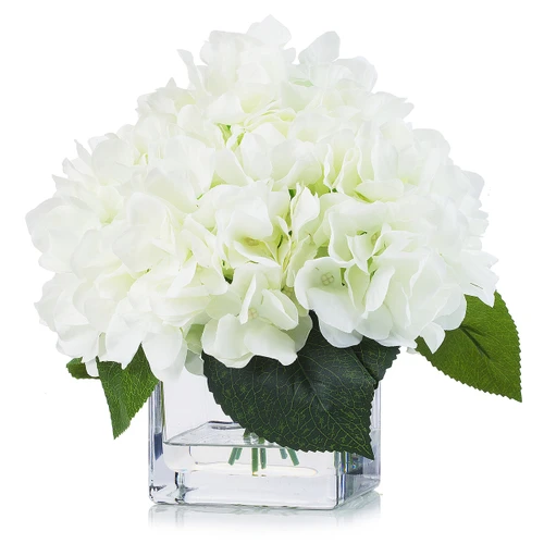 Artificial Silk Hydrangea Flower Arrangement in Cube Glass Vase With Faux Water (New) — Available in 5 Colors