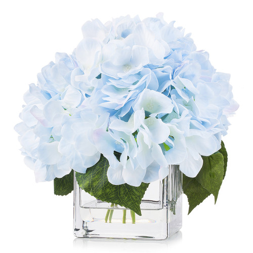 Artificial Silk Hydrangea Flower Arrangement in Cube Glass Vase With Faux Water (New) — Available in 5 Colors