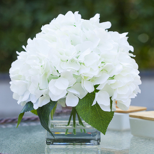 Artificial Silk Hydrangea Flower Arrangement in Cube Glass Vase With Faux Water (New) — Available in 5 Colors